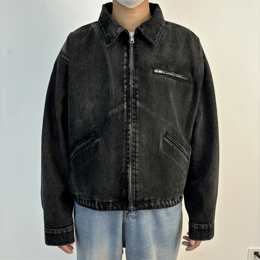 Topshow Jean Jacket Manufacturers Custom Varsity Zip Up Blank Work Jean Jacket Black Acid Wash Cropped Denim Jacket Men