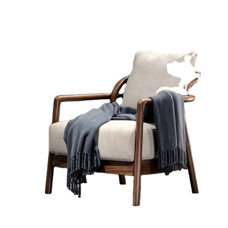 Modern Living Room Chairs Wood Fabric Leisure Chair 1 Piece Nordic Bedroom Chair Wabi-sabi with Armrest Simply Walnut Solid