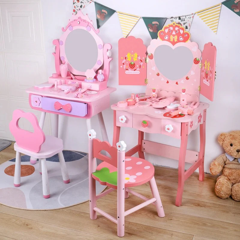 New Arrival Wooden Pink Simulation Make Up Dressing Table,  Wooden Pretend Play Kids Make Up Toy Set For Girls Kids