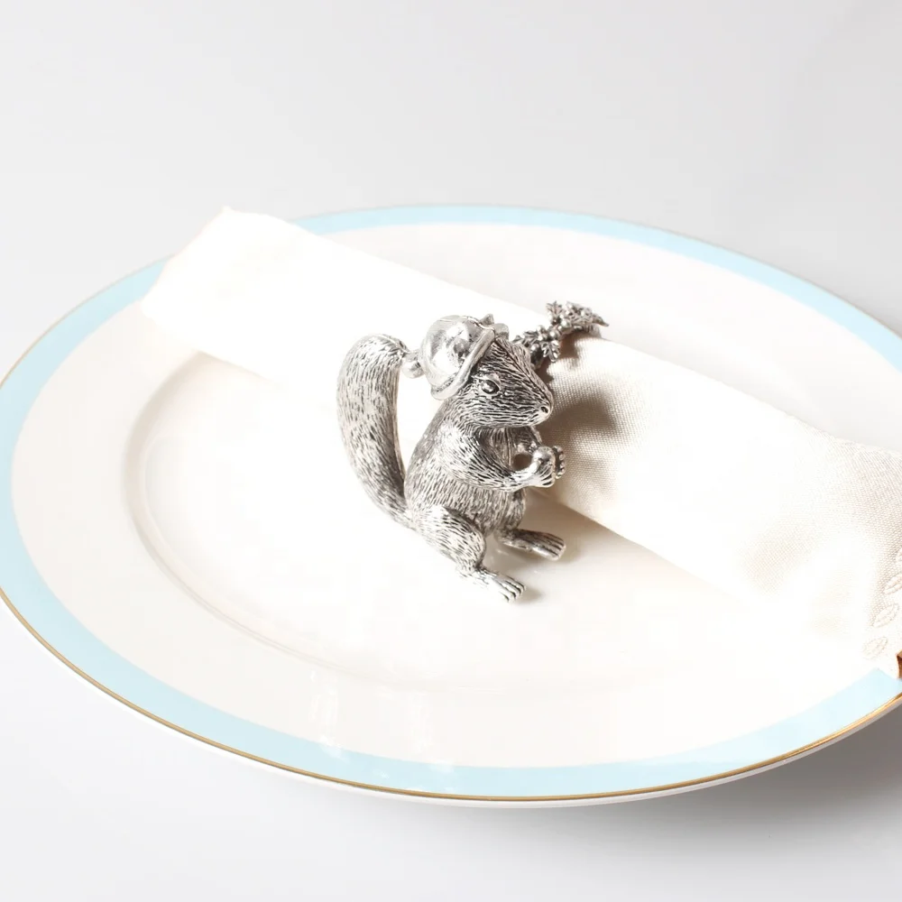 Antique Silver Zinc Alloy Animal Squirrel Christmas Napkin Rings For Table Decoration