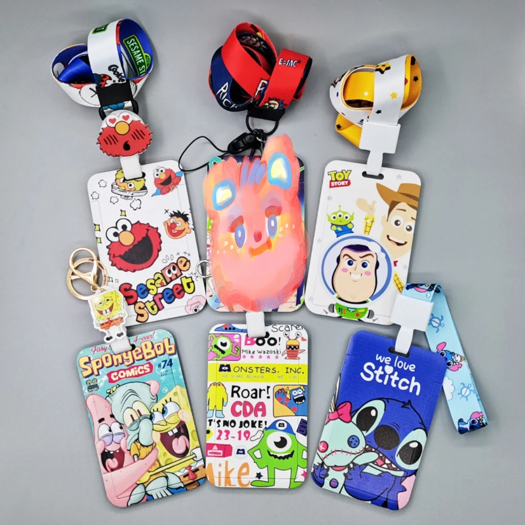 Card Holder Cute Cartoon Monster Sponge Alien Buzz Light Lanyard Anti-Lost Name Badge Bus Work ID Card Case with Lanyard Custom