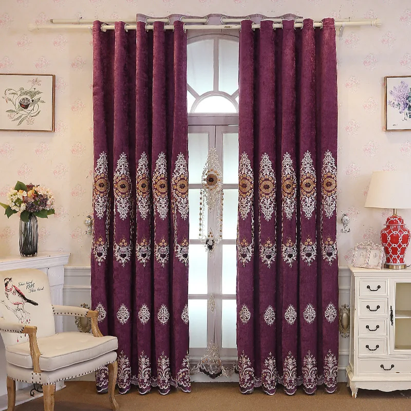 Hot Selling European Style Luxury Curtains for Living Dining Room Bedroom Blue Chenille Embroidered Curtains Valances