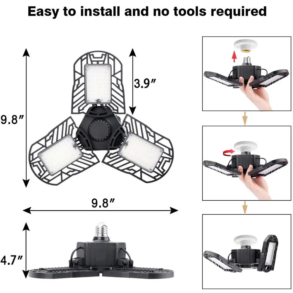 
60W 6000K E26E27 Deformable LED Garage Gas Station Canopy Motion Activated Light with 3 Adjustable Panels 