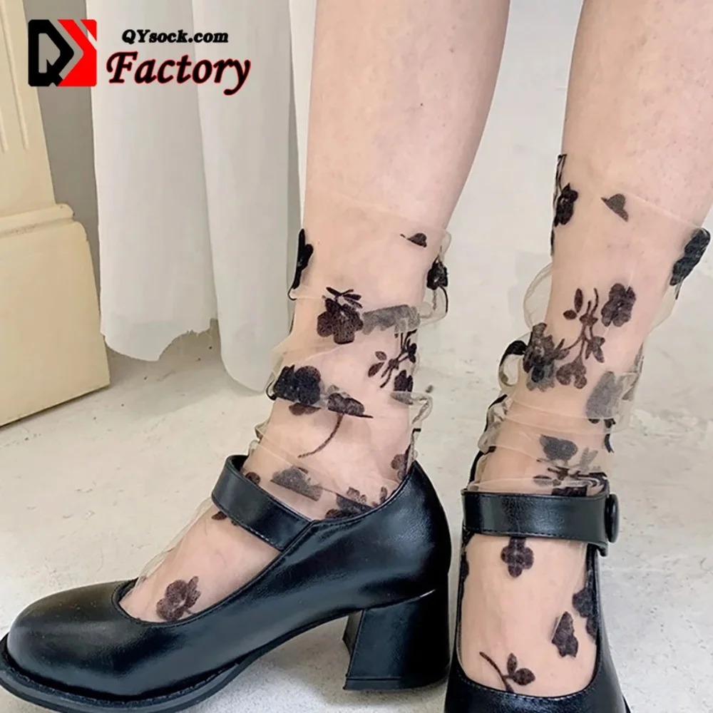 Korean Heart Love Tulle Glass Silk Socks Women Summer New Ladies Lace Transparent Ultra-thin Mesh Colorful Nylon Sheer Socks
