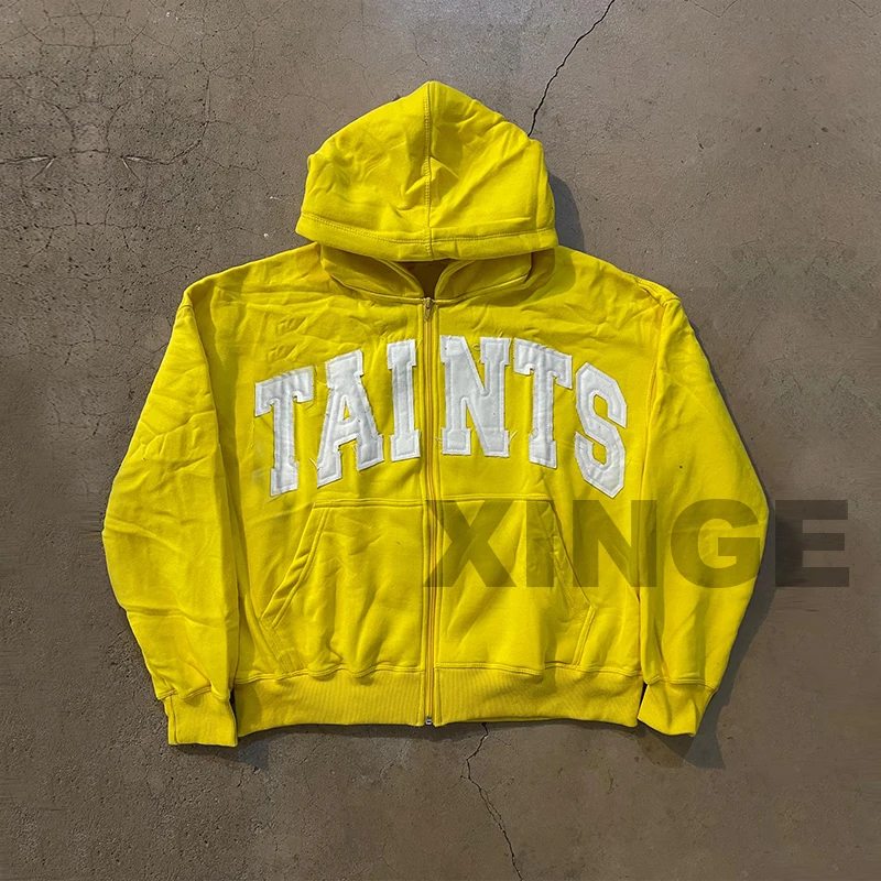 Custom Oversized Hoodies Unisex High Quality 400gsm Patchwork Embroidery Hoodie Custom Acid Wash Distressed Zip Up Hoodie