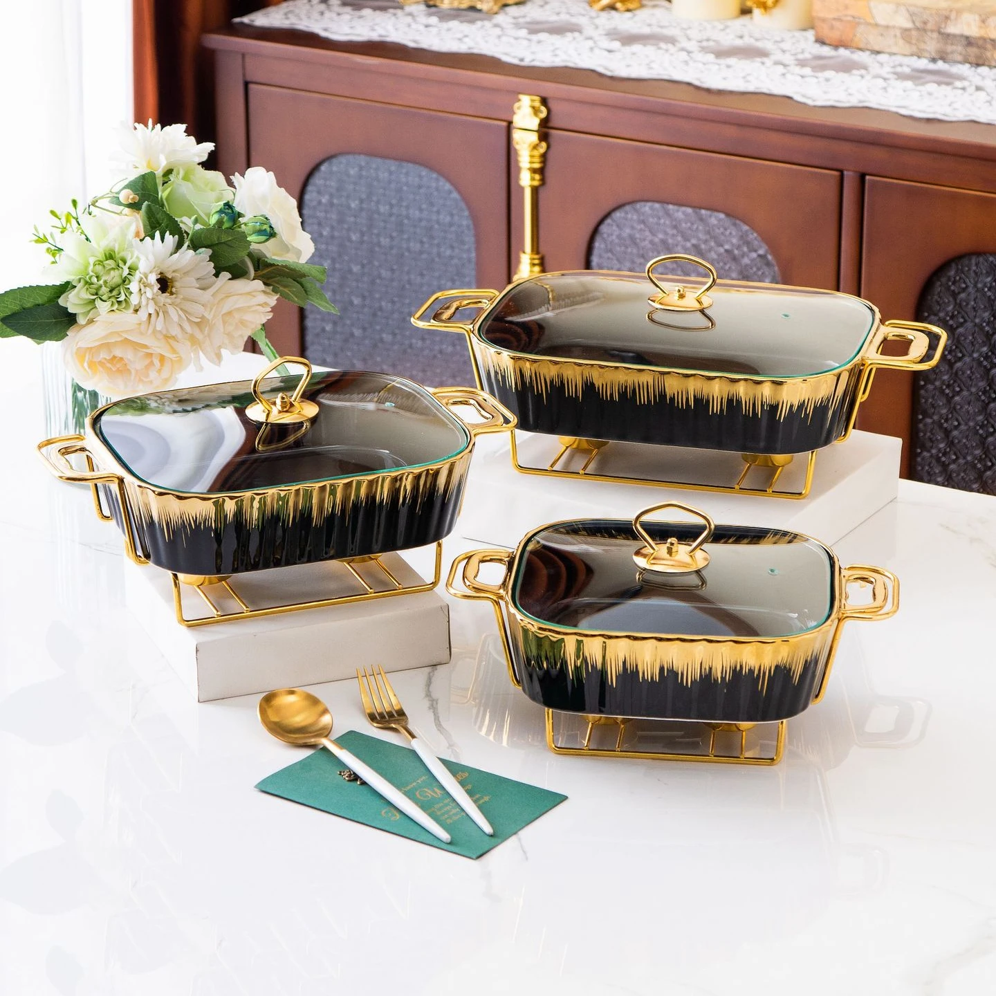 Restaurant Catering Equipment Rectangular chafing dishes ceramic buffet dishes ceramic food warmer with iron stand