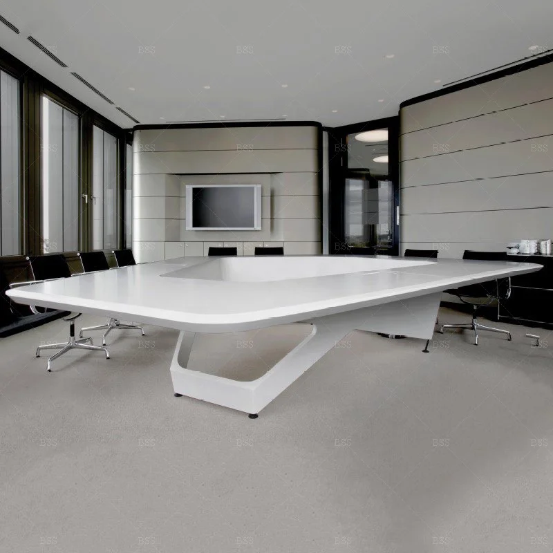 Malta OEM Marvelous Multifunction Pop-Up Box Pure White Artificial Marble Top Big Office Boardroom Table Conference