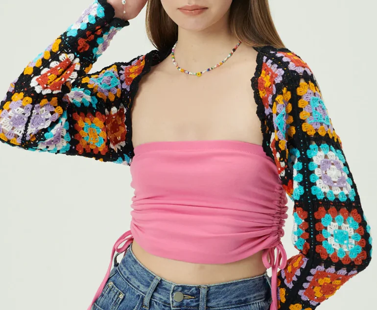 2022 New Design Custom Hand Hook Open Front Crochet Women Short Style Sexy Joy Granny Square Shrug Cardigan