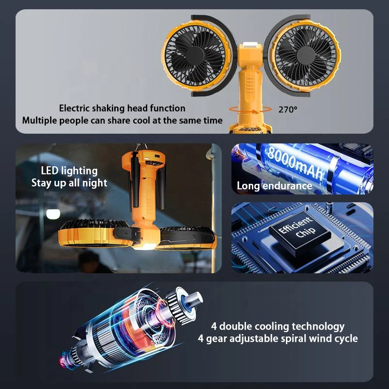 New Product Portable Oscillating Dual Heads 8000Mah Rechargeable Outdoor Tripod Camping Fan With Battery And Led Light