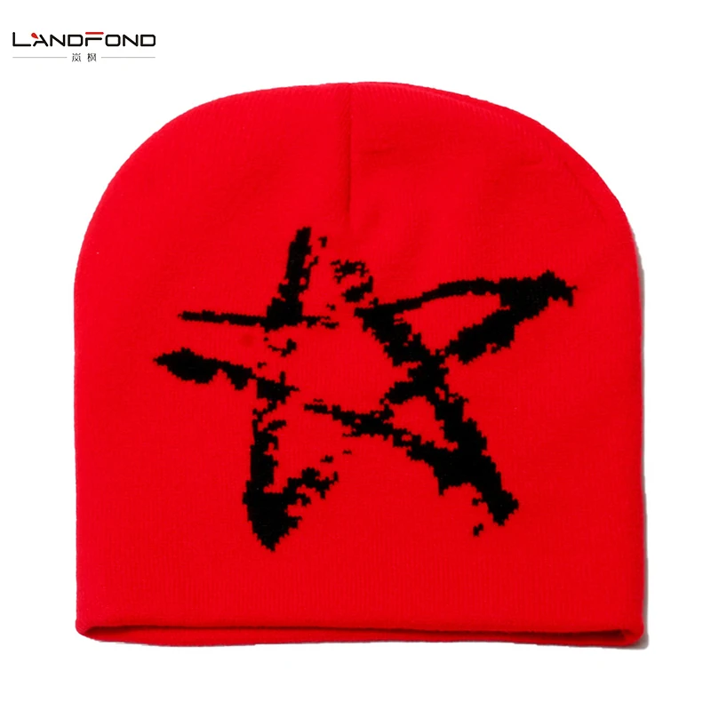 Landfond accessory solid color beanie with color matching star jacquard knitted winter warm beanie hat
