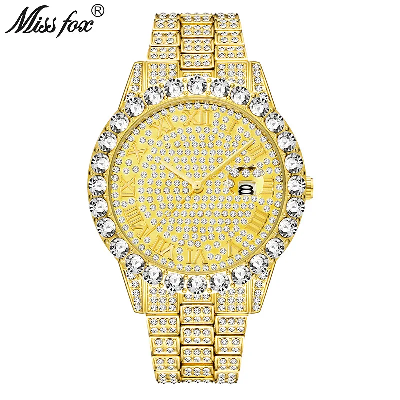 MISSFOX 2643 New  Watch For Men Luxury Full Diamond Silver Quartz Wristwatch Hip Hop Iced Out Waterproof Watches
