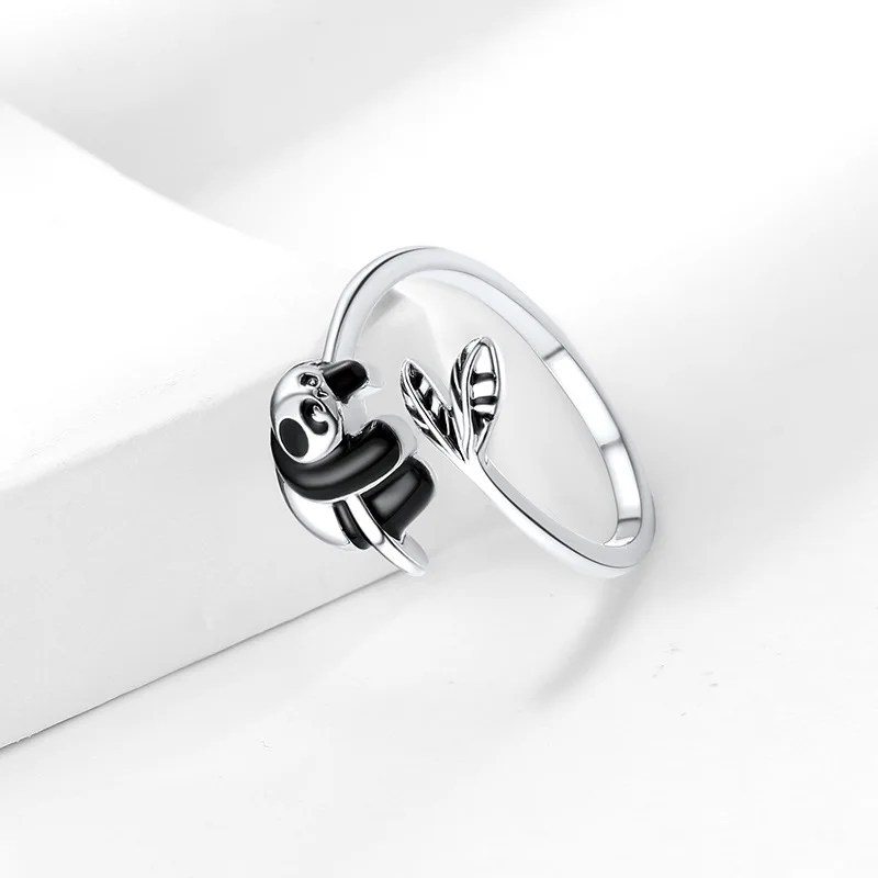 Platinum Plated Open Adjustable Ring for Women Daily Waer Index Finger Ring Cute Panda Design Enamel Rings