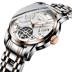 Роскошные автоматические механические часы GuanQin, часы из нержавеющей стали с Лунной фазой, деловые часы