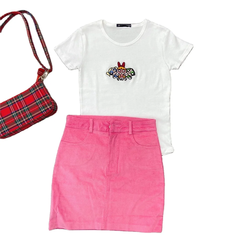 Summer 2021 new sweet Japanese round neck blouse slim slimming embroidery short-sleeved t-shirt women