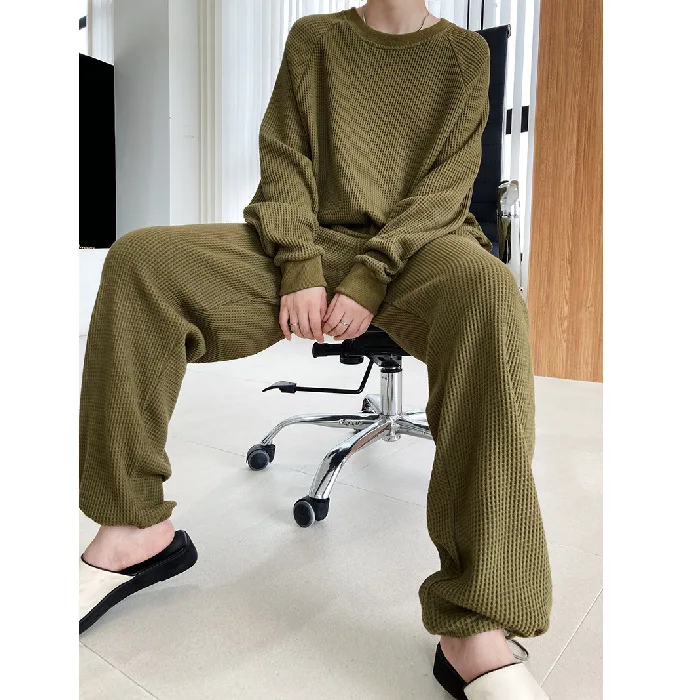 Waffle sweatshirt corset sweatshirt women two-piece autumn loose fashion high quality  casual sports suit women