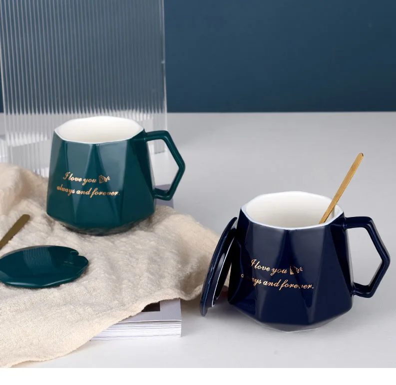Hot Selling Spot Simple Diamond English Mug Coffee Cup With Cover Spoon Hand Gift Ceramic Cup Gift Box Customizable Logo