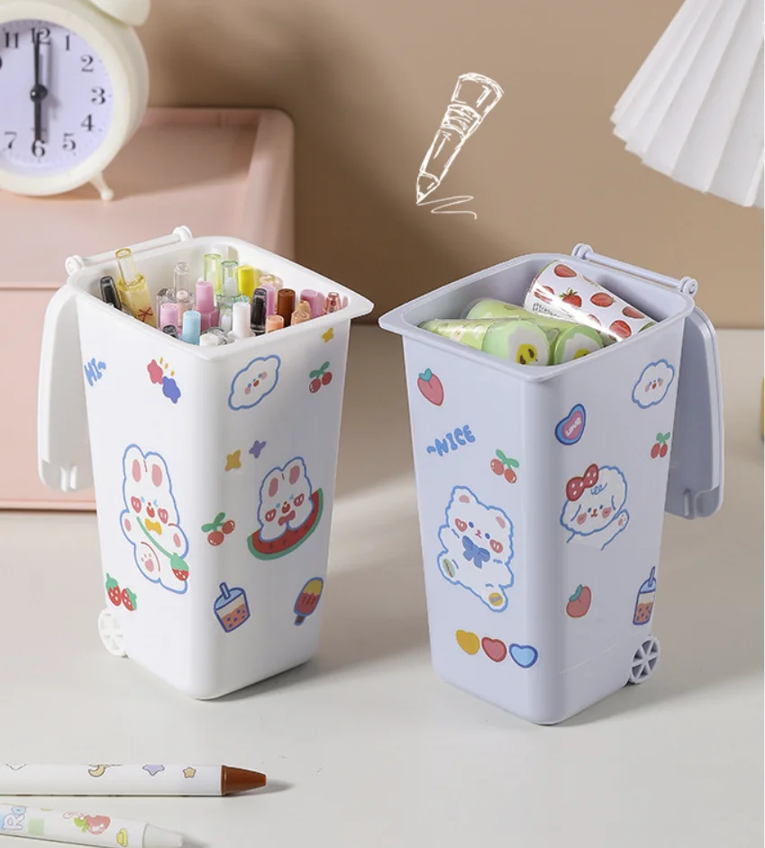 Mini waste bin Pen holder trash can desktop trash organizer plastic cute pen holder with wheels