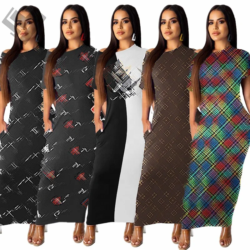 2023 Summer Trendy Women Clothing Designer Print Short Sleeve Casual Dress Luxury Slim Fits Bodycon Maxi Dress