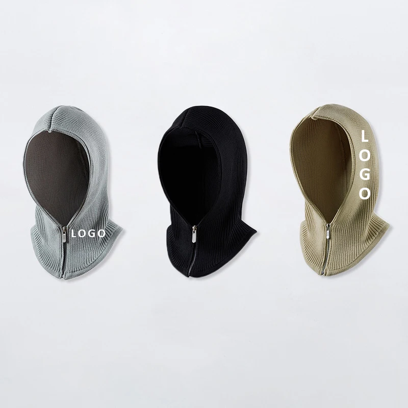 Wholesale Cheap Zip Up Warmer Embroidery Custom Knit Earloop Neck Gaiter Men Balaclava Ninja Hat