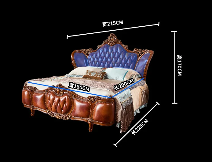 Wooden American leather bed oak carved European luxury villa 1.8 M double leather bed