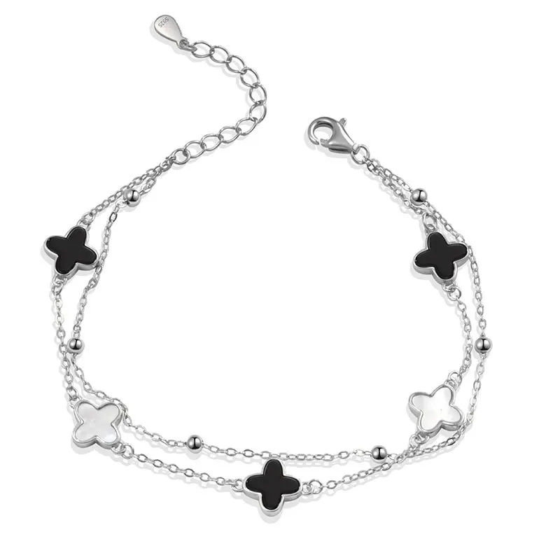 Custom 4 leaf clover pork belly S925 sterling silver Korean style agate double rose gold bracelet for girlfriends hand jewelry