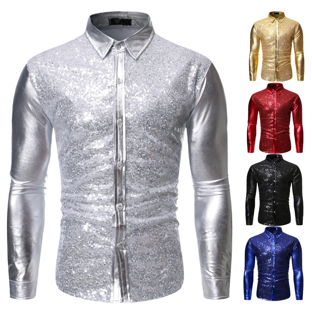 Button Down dress shirts for men sequin Shiny shirt stage performance costume Gold Silver Metallic Sequins Glitter Shirt