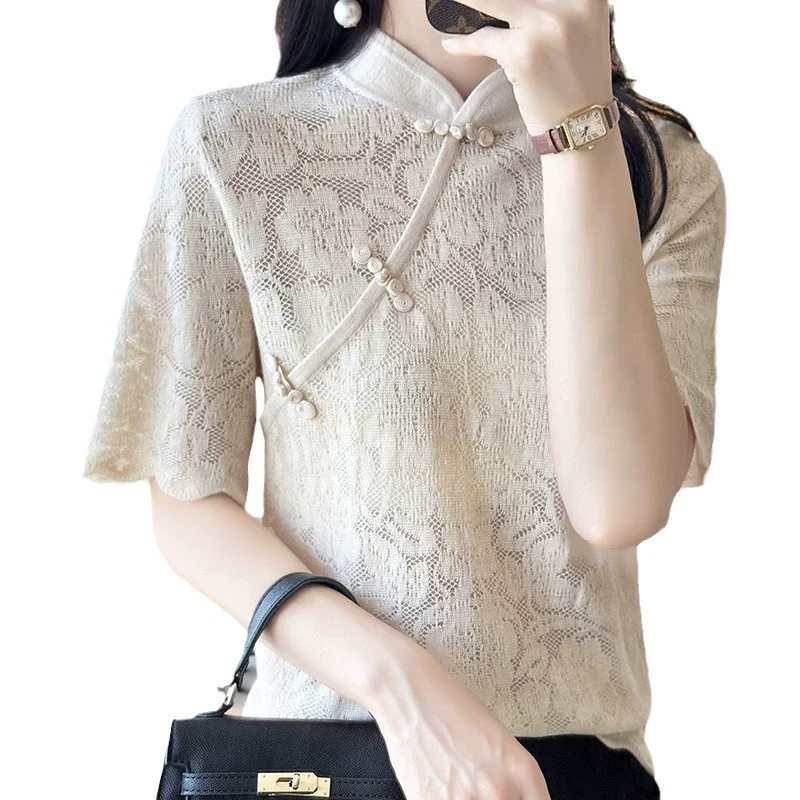 Vintage button stand collar short sleeve jacquard knit summer soft and comfortable   loose slimming top