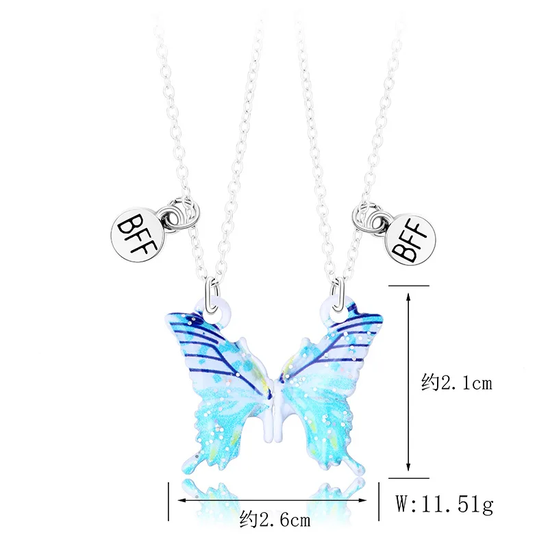 Hot Selling Multi-Colored Enamel Brushed Gradient Butterfly Necklace Magnet Bff Necklace For Couple Bestie FriendShip