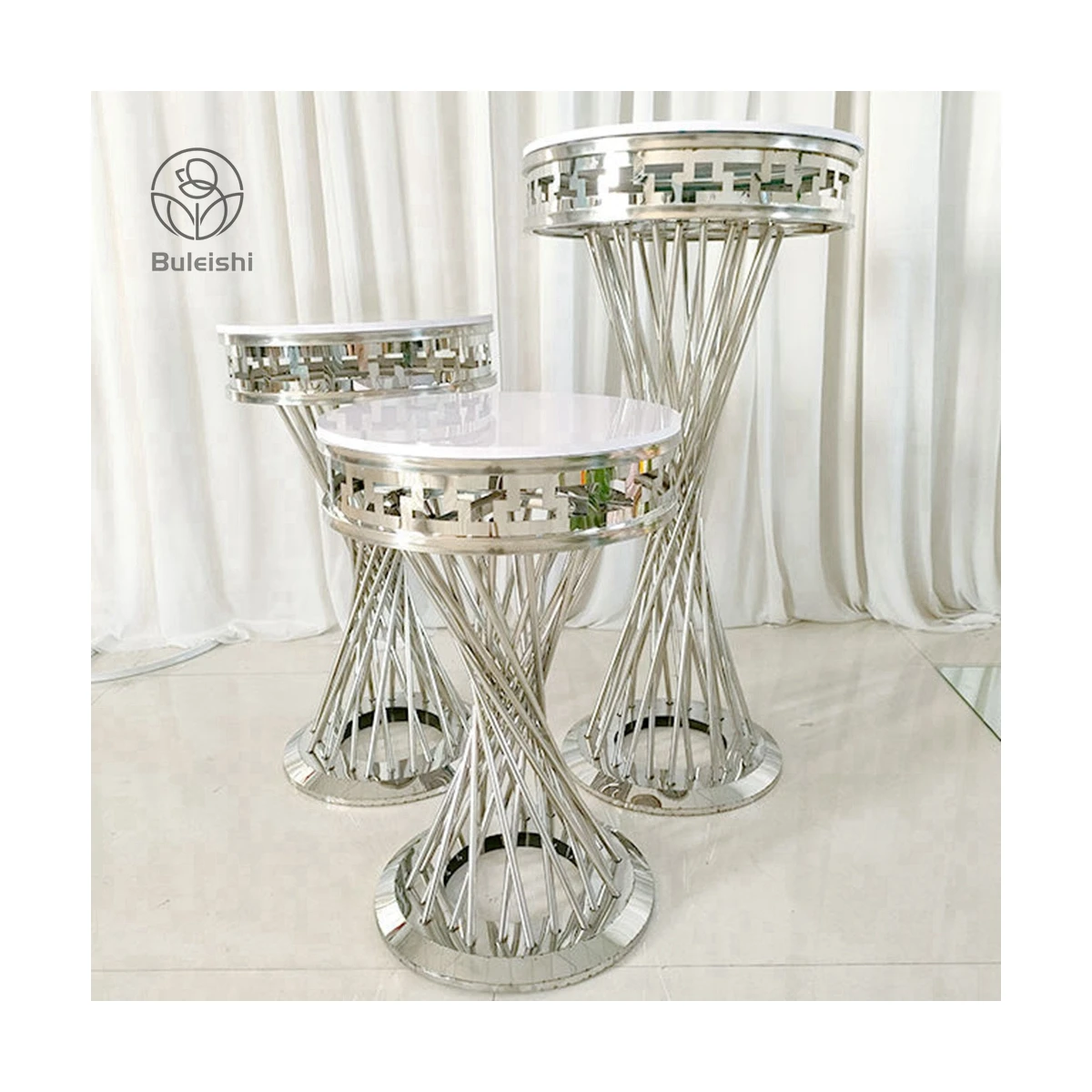 Shiny Silver 3 PCs Twist Pedestals Stand Silver Swirl Pedestal Wedding Pillar Cake Plinth