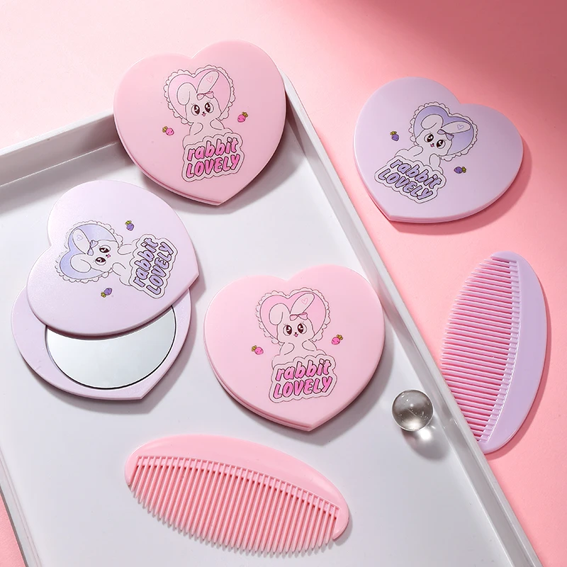 LMLTOP 2pcs Mini Travel Size Heart Mirror With Comb Set SY772 Cosmetic Pocket Makeup Mirror With Plastic Comb
