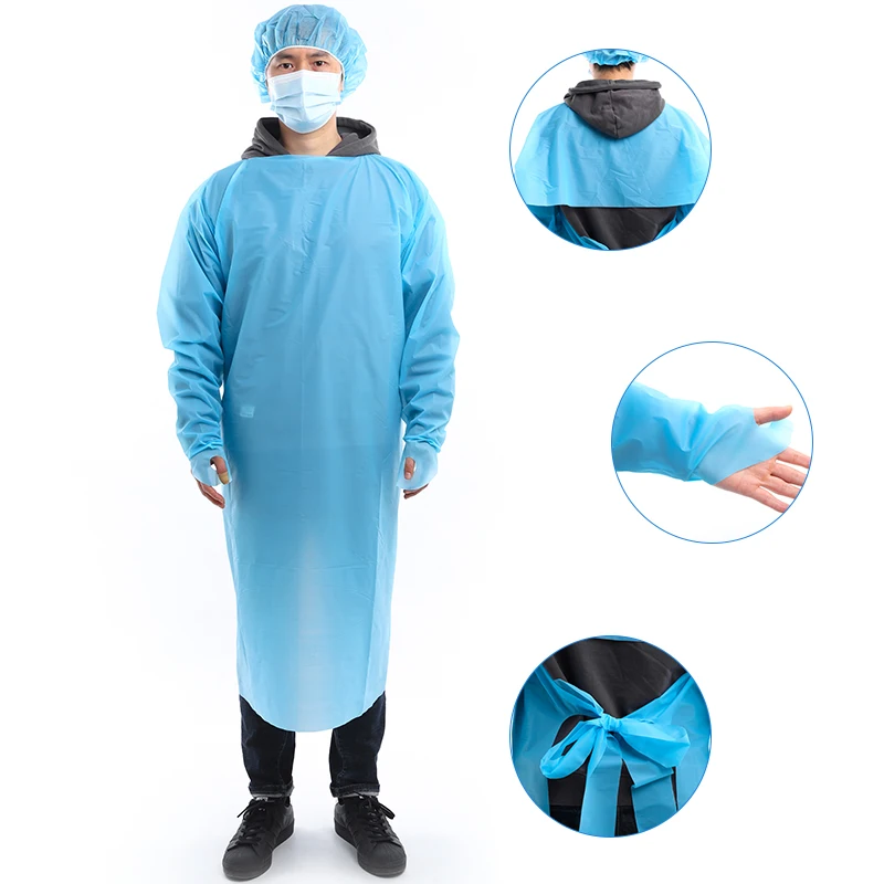 Isolation Gowns Disposable with Thumb Loops Waterproof CPE Blue Odorless PPE Gowns Unisex Adult Labs