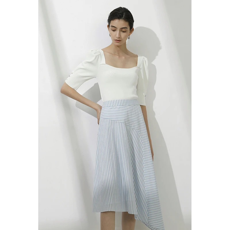 HISOKEY asymmetric design elegant half skirt Blue white stripes casual skirt for office ladies and womens