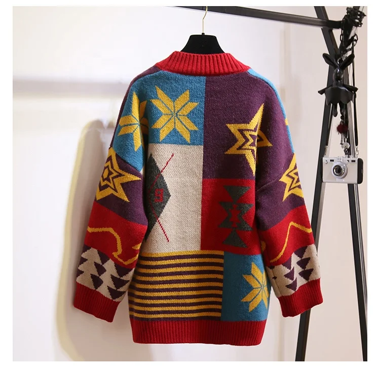 Custom V neck fashion wool cashmere floral female women long cable knitted ladies cardigan aztec sweater