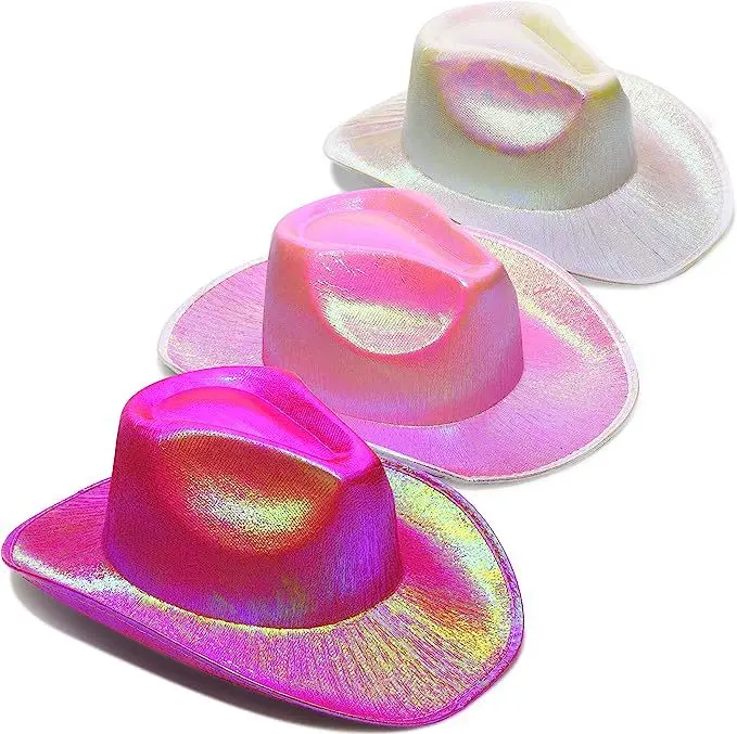 Fashion Iridescent Holographic Party Favors Hats Fun Pink, Cowboy Hats Cowgirl Supplies for Women Light up Cowboy Hat