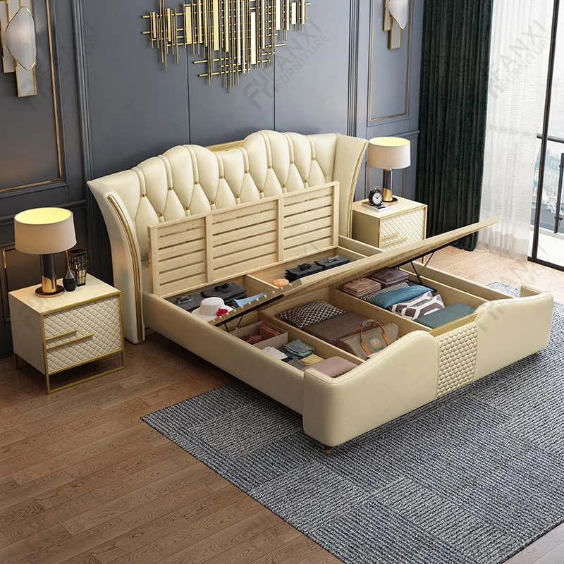 Wholesale luxury home bedroom furniture Italian hotel gold metal wooden beds king size leather headboard bed sheets