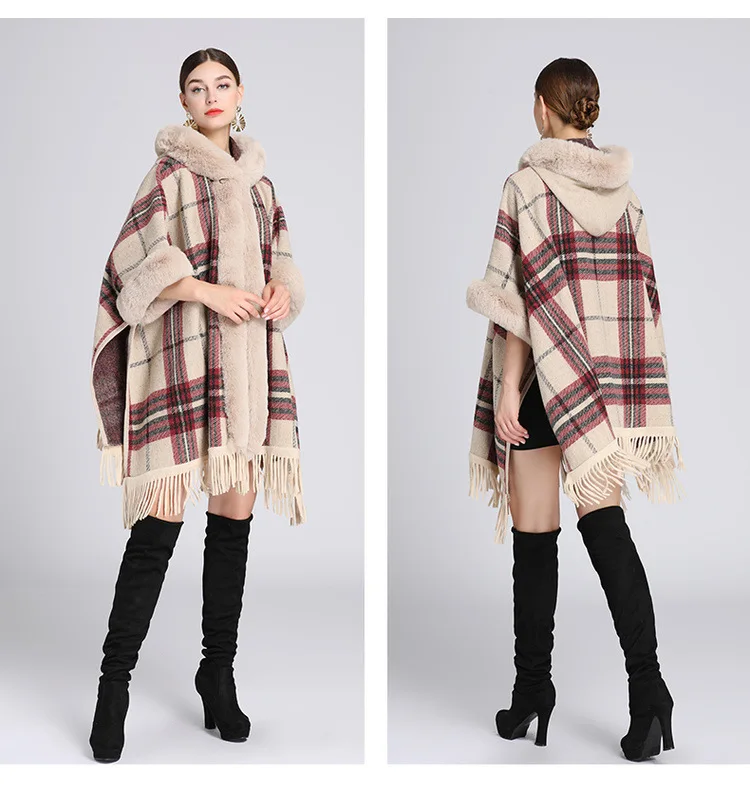 Fashion Winter Women Plaid Faux Fur Cape Cloak Rabbit Fur Hooded Poncho Cardigan