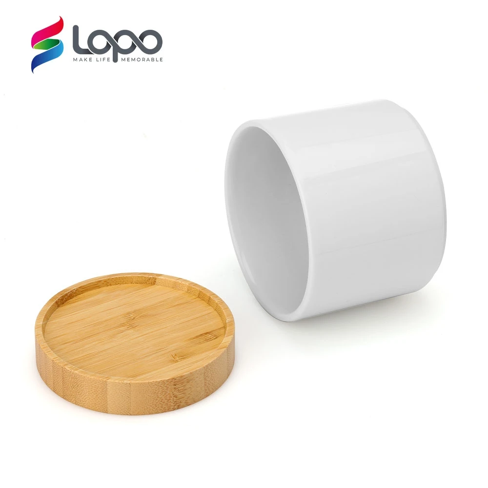 Wholesale Flowers Planting White Ceramic Pot Blank Sublimation Plant Pot With Bamboo Base