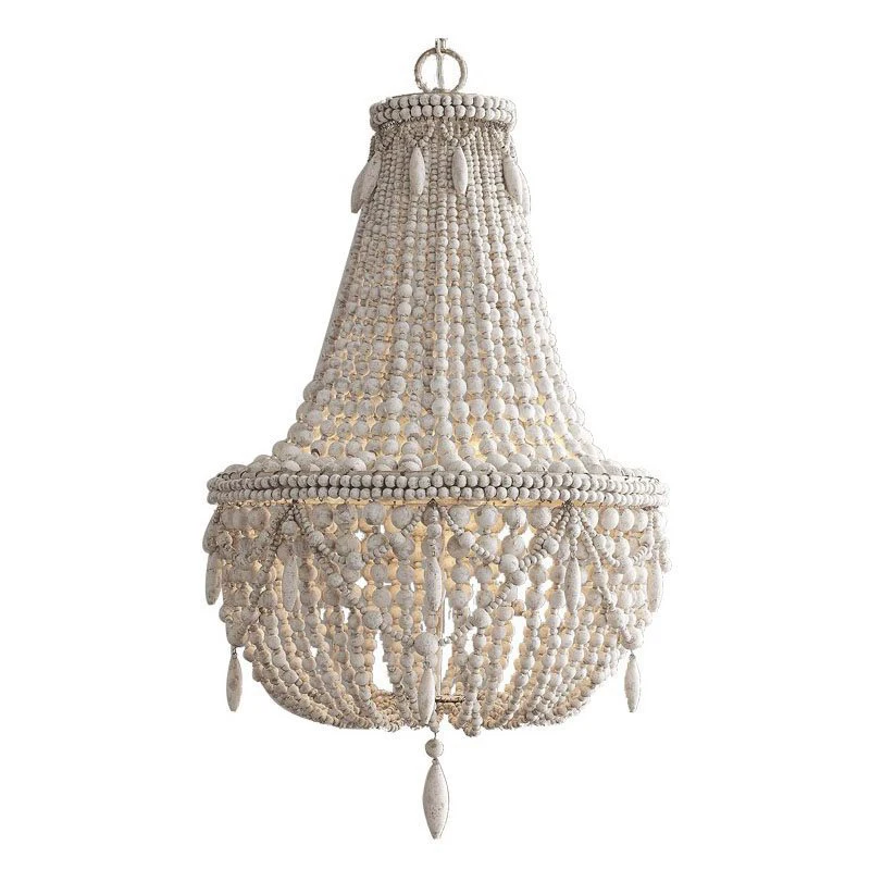 Farmhouse Distressed Wood Beaded Basket Chandelier White Pendant Three Lights Vintage Bedroom Bead Chandeliers
