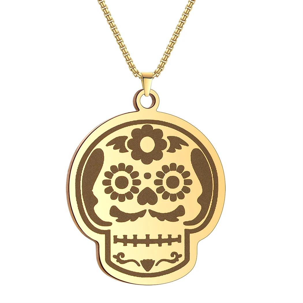 Mustache Floral Sugar Skull Pendant Necklaces Women Men Dia De Los Muertos Punk Jewelry Gold Gothic Necklaces