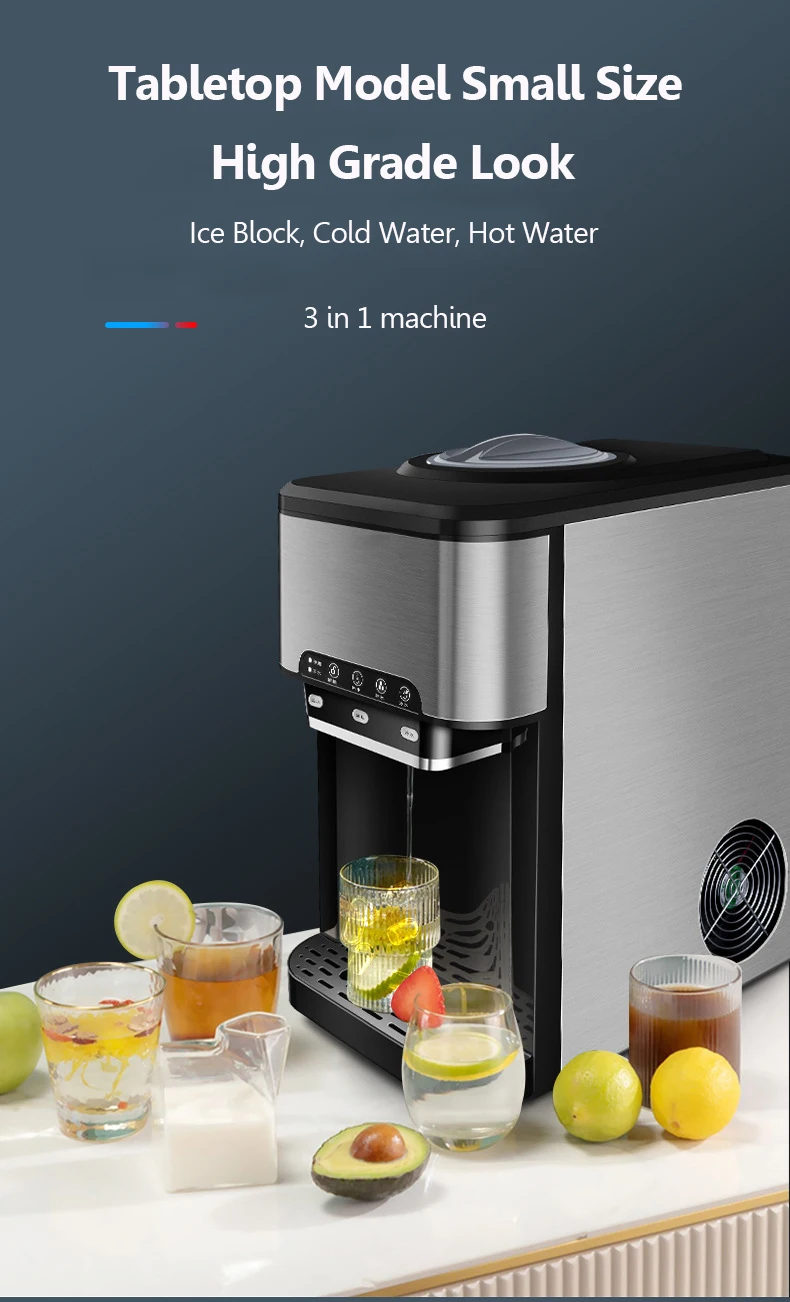 2024 Hot Sales Tabletop Cold Hot Water Dispenser Water Cooler With Compressor Cooling Ice Maker Machine Manufacturer With 3 Taps