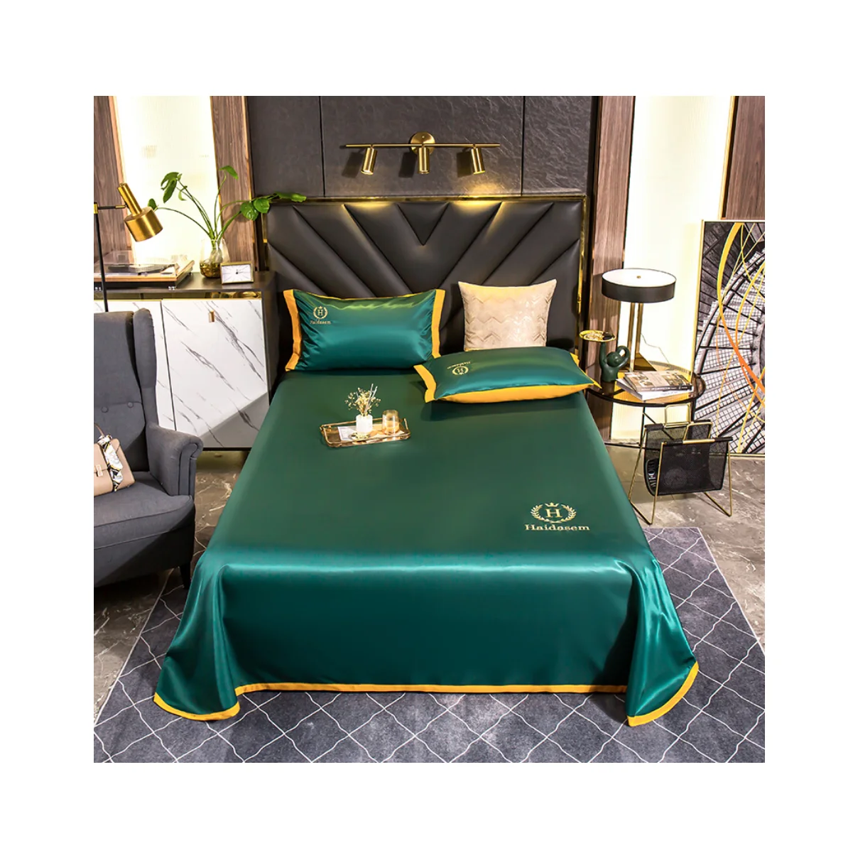 Dark Green Solid Color Ice Silk Lace Summer Embroidery Washable Bed Spreadsheet 3PCS Set