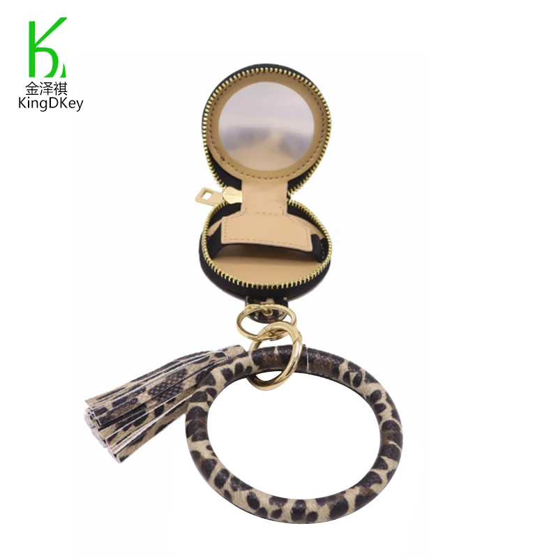 Creative Portable Cosmetic Bag Leopard Printed Keychain clasp Leather Mirror Makeup Case Keytag Leather Charm Bracelet Keyring