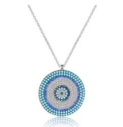 Women Mati Turkish Evil Eye Round Greek Nazar Hamsa Eye 925 Sterling Silver Pendant Jewelry Necklace
