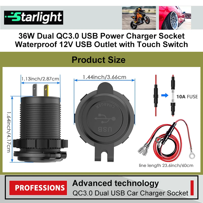 Быстрая зарядка QC 3 0 двойной USB Автомобильное быстрое зарядное устройство розетка с переключателем Синий светодиодный водонепроницаемый