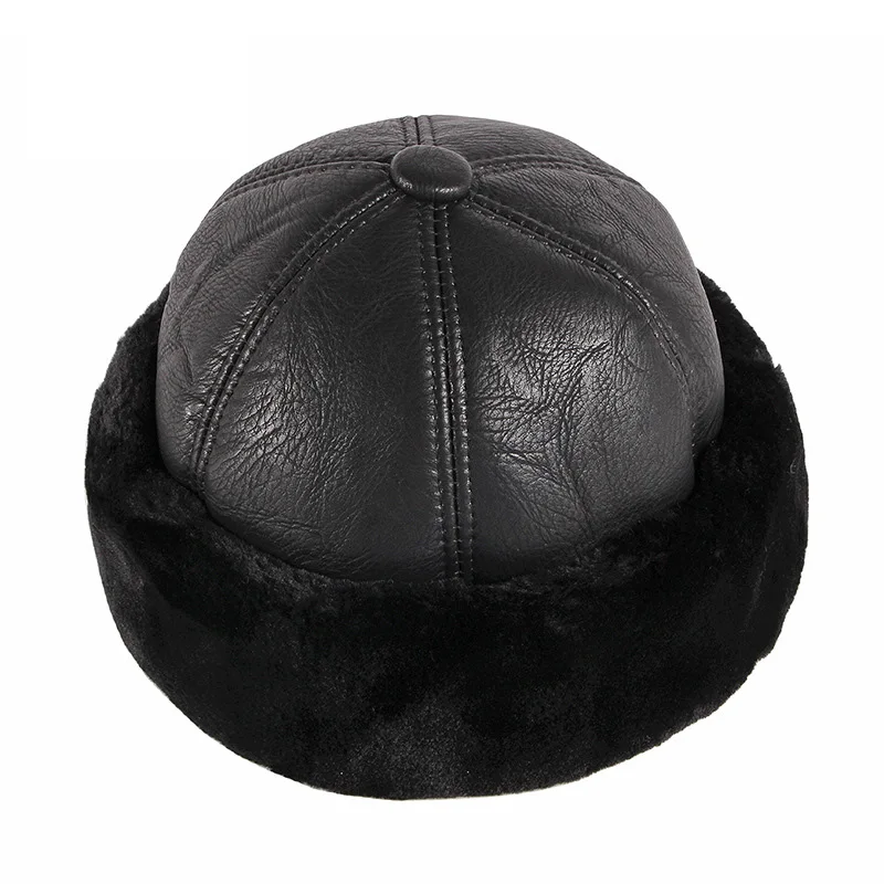 Wholesale Black Thickening Visorless PU Leather Men Winter russian Warm Hat custom LOGO