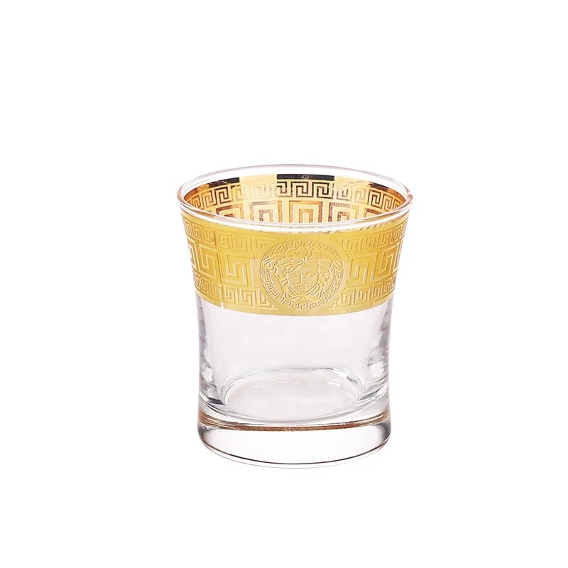 Factory Luxurious High-end Brand LOGO Customized Design Ion-plating Golden Rim Decal Hand Blown Crystal Glass Water Drinking Cup