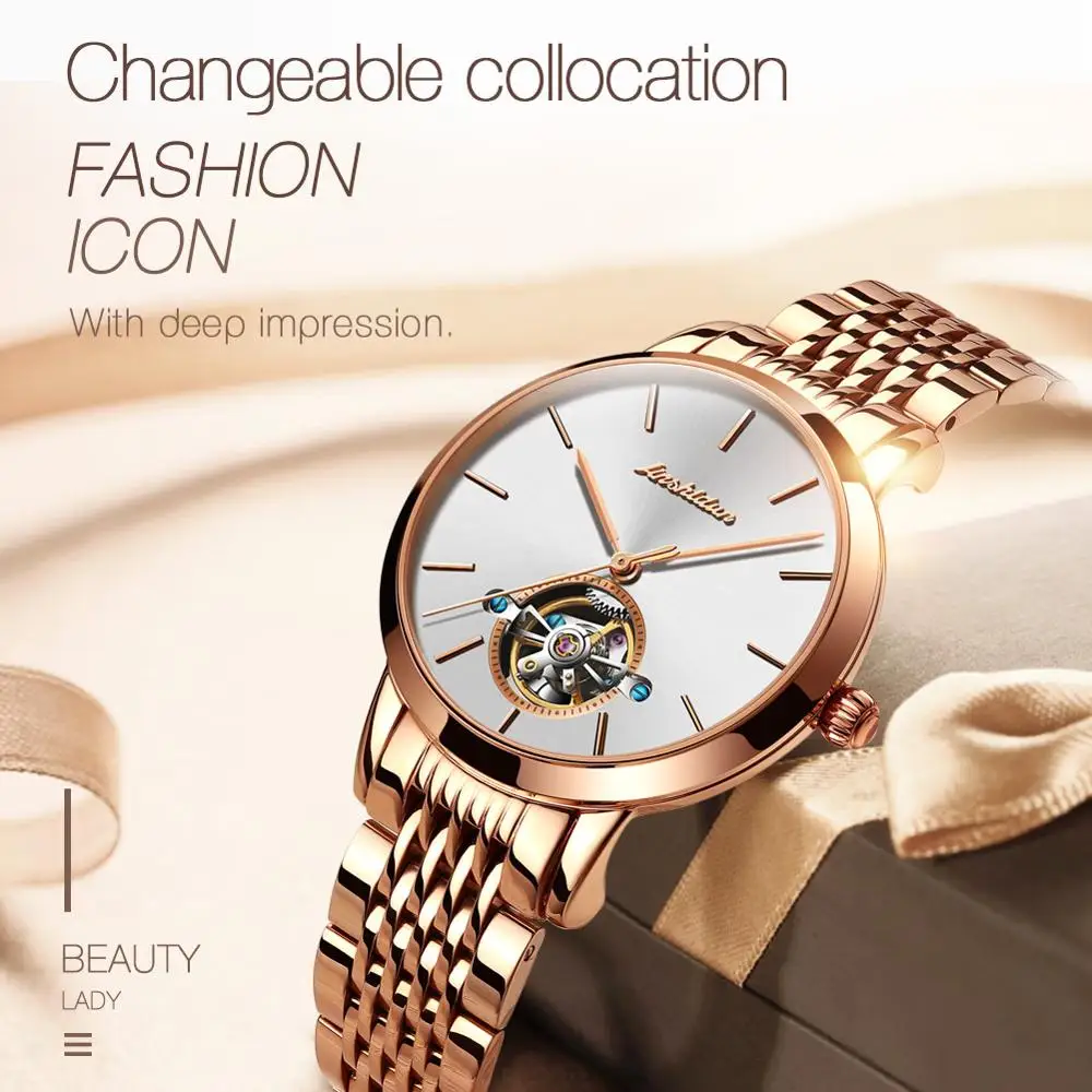 
OEM JSDUN New Women Watches Fashion Tourbillon Luxury Skeleton Chronograph Ladies Automatic Mechanical Gold Wrist Watch 