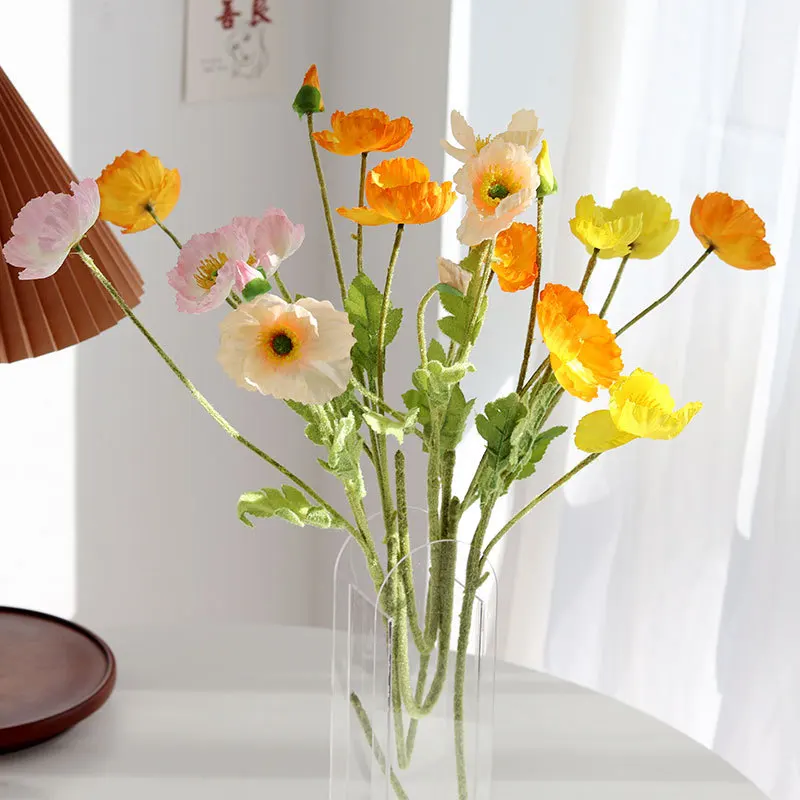 60cm Artificial Flocking Silk Cloth 4 Heads Yellow Blue Poppy Flower For Wedding Decoration 2024