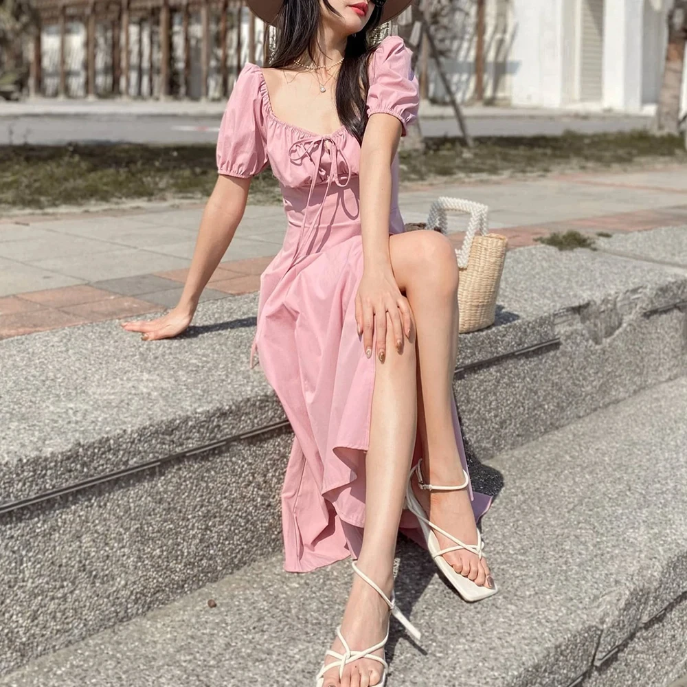 Ladies Formal Elegant Maxi Dress Square Collar Short Sleeves Pink Cotton Printed Casual Party Style Sexy Midi Summer Day Outfits