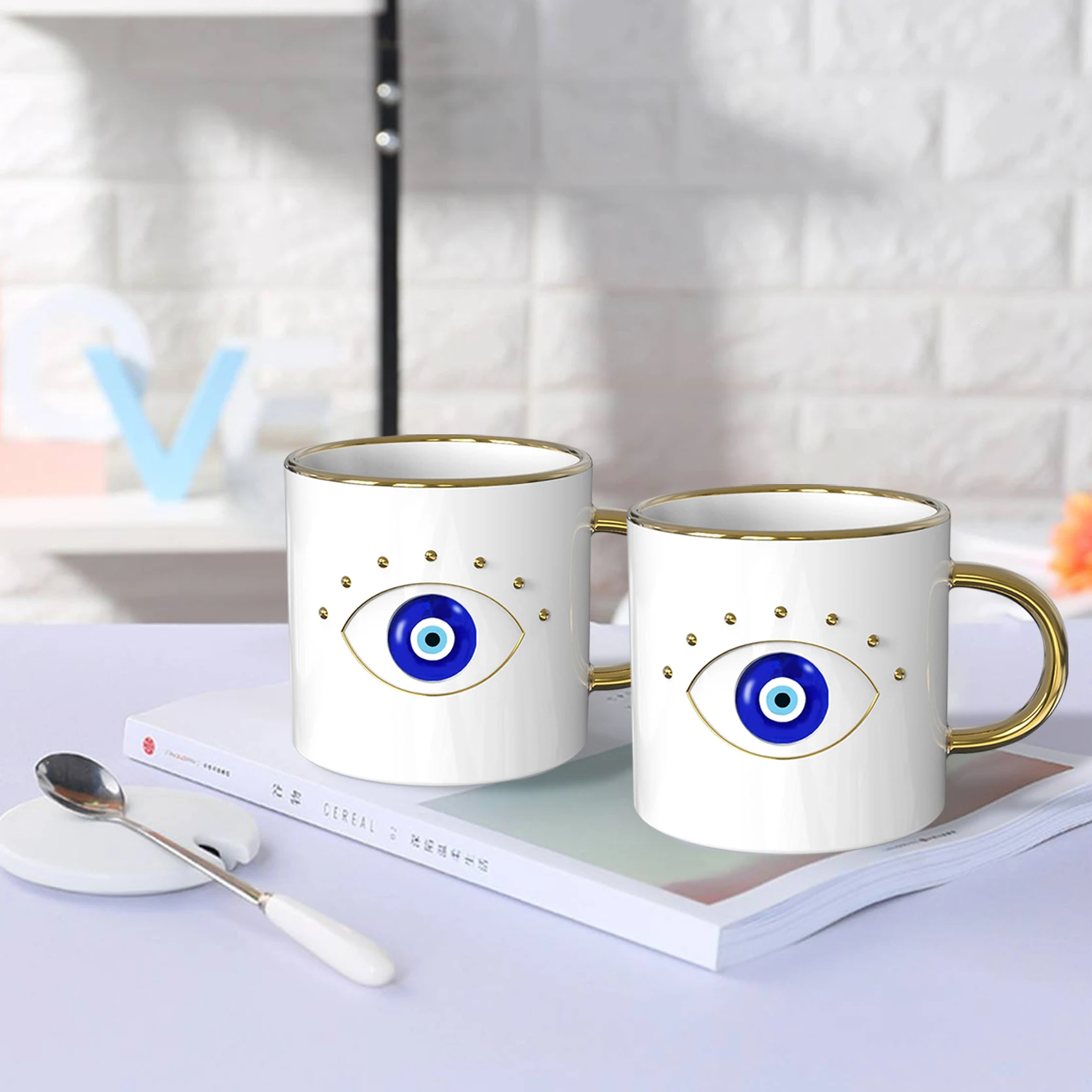 Custom Logo Luxury Hot Selling Glass Cup set  Evil Eye Ceramic Glass Travel Mug With Bamboo Lid